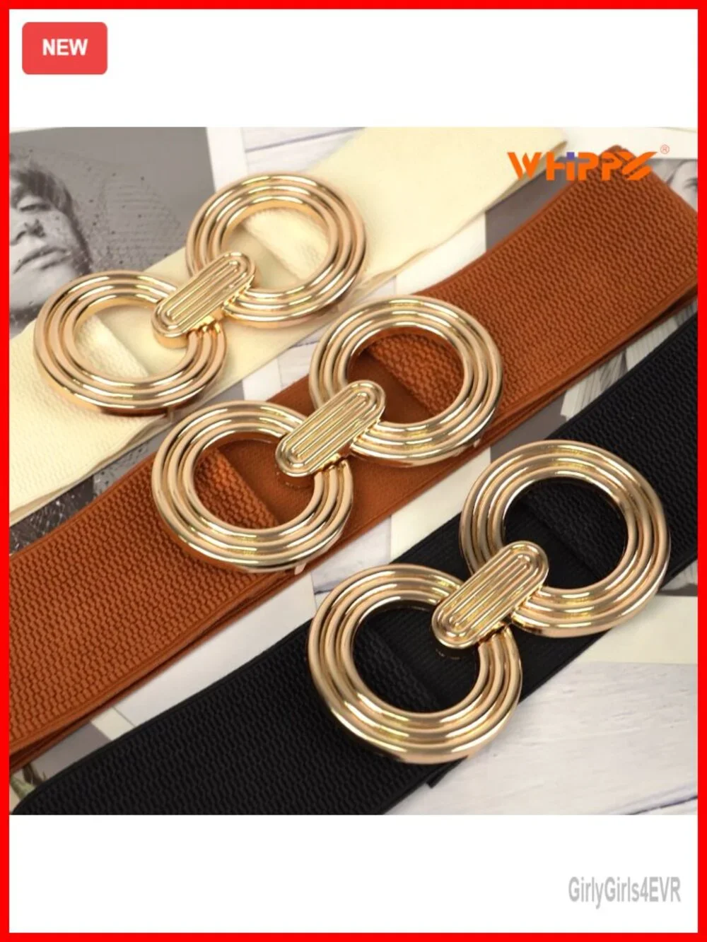 Women Wide Stretchy Elastic Belt Hollow Gold Round Buckle Waistband Accessory